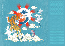 Abstract Art Japanese Tiger Roaring And Crawling With Yellow Eyes Pink Nose Orange Body Blue Stripe Standing On White Torrential Splash With Sun And Radiant With Flying Cranes And Carp KOI Swimming