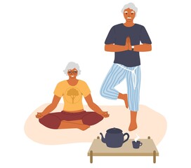 Wall Mural - Elderly couple meditating, doing yoga at home, vector illustration. Sport, fitness for seniors. Active healthy lifestyle