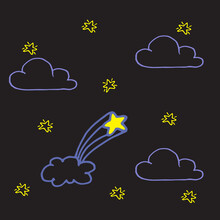 Blue Cloud With Yellow Stars And Comet Isolated On Dark Background. Night Time Illustration, Hand Drawn Vector. Doodle Art For Kid, Design Template, Wallpaper, Cover, Sticker, Clipart. Cute And Beauty