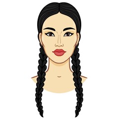 Wall Mural - Asian beauty. Animation portrait of a beautiful girl with braids .  Vector color illustration isolated on a white background. Print, poster, t-shirt, card.