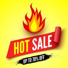 Sticker - Hot sale banner with fire and red ribbon. Vector illustration.