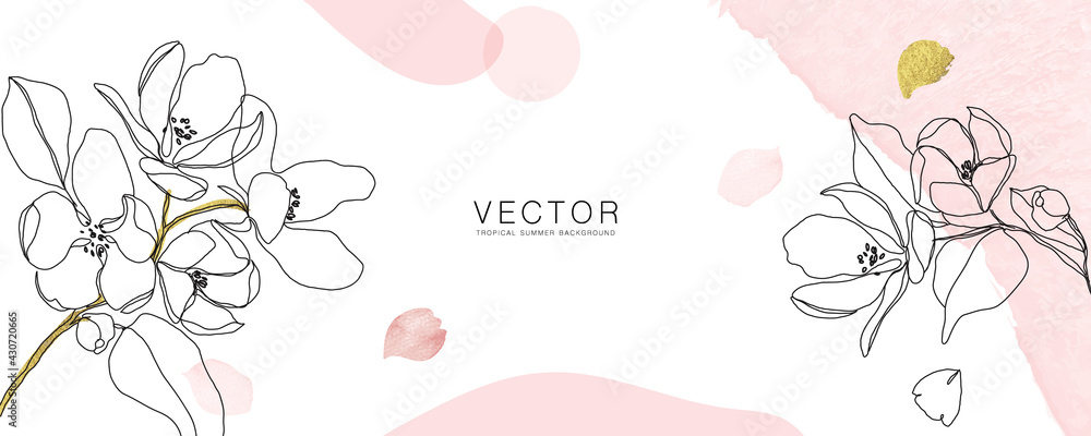 minimal background in pink flowers and tropical summer leaf - obrazy, fototapety, plakaty 