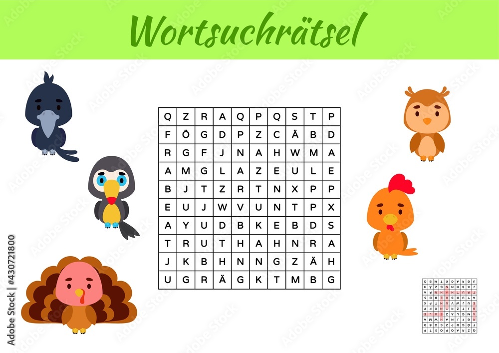 Wortsuchrätsel - Word search puzzle. Kids activity worksheet colorful