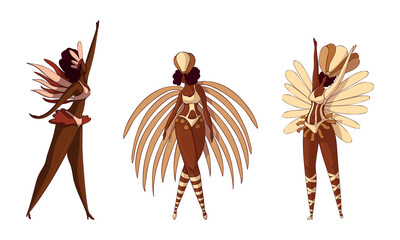 Wall Mural - Brazilian Dark Skinned Samba Dancer in Feathered Costume Vector Set