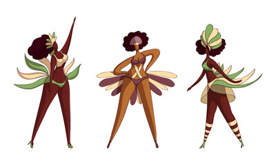 Wall Mural - Brazilian Dark Skinned Samba Dancer in Feathered Costume Vector Set