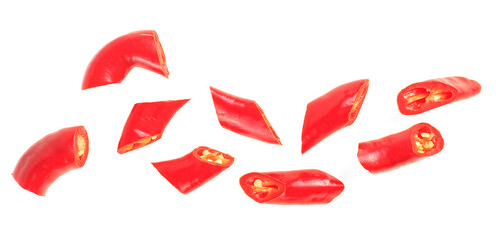 Wall Mural - Red chopped chili peppers isolated on a white background, top view. Red chili slices.