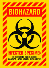 Biohazard warning sign vector. Biohazard infected specimen label. Health Hazard Signs. Infected specimen yellow, black and red danger vector sign.