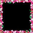 Vector floral frame with green leaves and delicate spring pink flowers isolated on black background. Design elements in triangular low poly style.