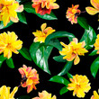 Vector bright seamless pattern  with yellow flowers,  leaves and branches isolated on black background. Floral design elements in triangular low poly style.	
