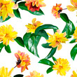 Vector bright seamless pattern  with yellow flowers,  leaves and branches isolated on white background. Floral design elements in triangular low poly style.	