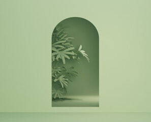 Minimal fashion background arch tunnel corridor portal perspective pastel colors and tropical palms, leaves. Trendy 3d render for social media banners, promotion, cosmetic or product