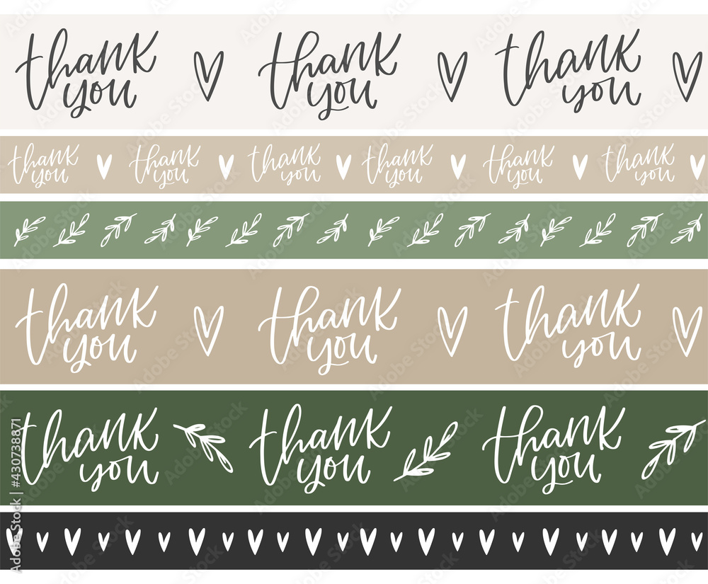 Thank You Calligraphy Seamless Border Set With Hearts And Leaves Washi thank-you-calligraphy-seamless-border-set-with-hearts-and-leaves-washi