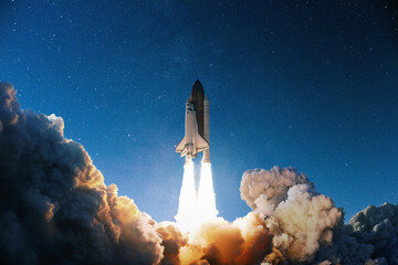 Fototapete - Rocket launch into the blue starry sky. Space wallpaper