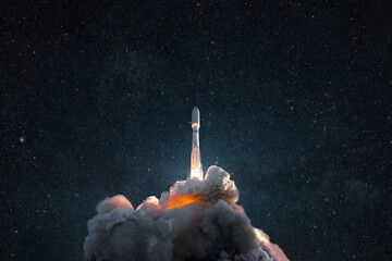 Fototapete - Successful launch of a rocket into space. Spaceship with smoke and blast lift off into the starry sky. Space wallpaper