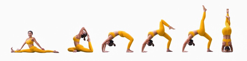 Wall Mural - set of yoga poses by asian woman in yellow sportswear