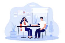 Female Doctor Measuring Blood Pressure Of Patient At Clinic. Ill Or Sick Person Sitting At Physicians Office, Getting Consultation. Cartoon Vector Illustration. Cardiology, Hospital Or Medical Concept