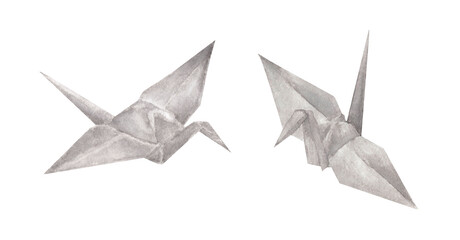 Set of Origami paper cranes isolated on white background. Watercolor illustration.