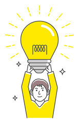 Poster - Vector illustration of a man holding a lightbulb.