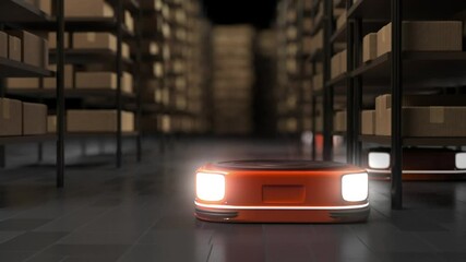 Flat robot storekeeper with headlights moving in a dark warehouse 3d animation 