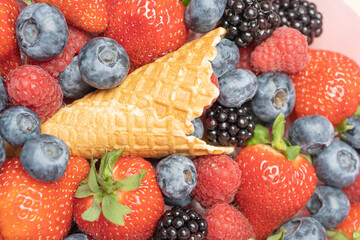 Wall Mural - Background from fresh berries, blueberries, raspberries, strawberries, hedgehog with a waffle cone. There is a place for the text Concept of a useful gift, congratulations on the holiday