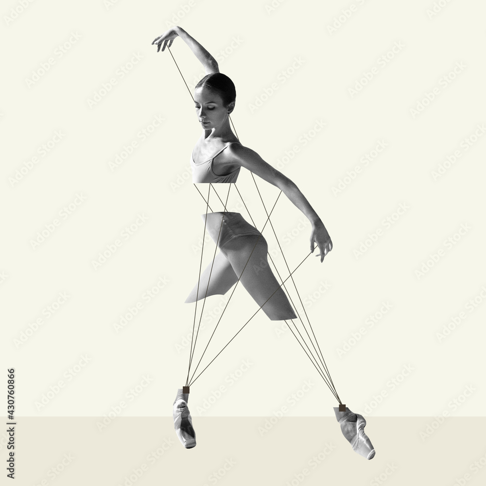 Modern design, contemporary art collage. Inspiration, idea, trendy urban magazine style. Ballet dancer like puppet on pastel background - obrazy, fototapety, plakaty 