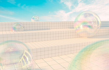 Leinwandbilder - Summer scene with white tiles stairs podium. 3d rendering.