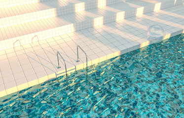Leinwandbilder - Summer pool scene background with white tiles stairs. 3d rendering.