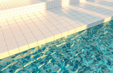 Leinwandbilder - Summer pool scene background with white tiles stairs. 3d rendering.