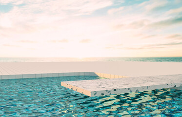Leinwandbilder - Summer beach scene background with terrazzo podium for product display. 3d rendering.