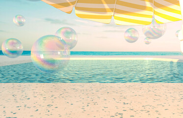 Leinwandbilder - Summer beach scene background with bubbles and beach umbrella. 3d rendering.