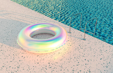 Leinwandbilder - Summer pool scene background with holographic Inflatable ring Pool Float. 3d rendering.