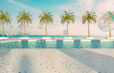 Poster - Summer beach scene background with terrazzo podium for product display. 3d rendering.