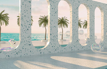 Leinwandbilder - Summer beach scene background with terrazzo podium for product display. 3d rendering.
