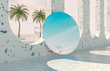 Leinwandbilder - Summer beach scene background with mirror reflect the sky. 3d rendering.