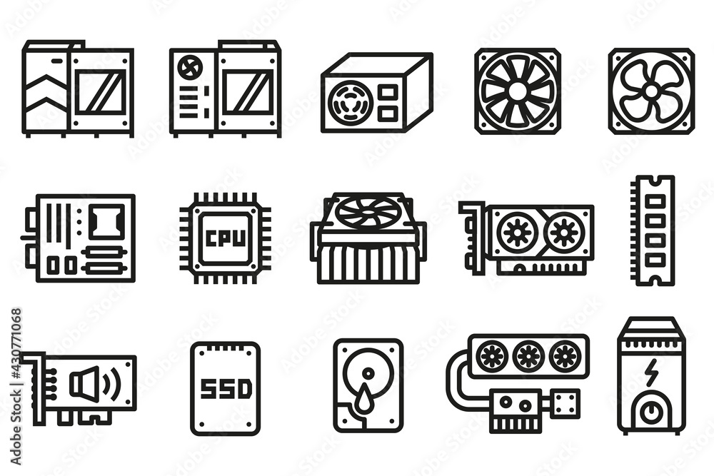 Computer hardware icon. Basic parts for performance system a computer in a case. - obrazy, fototapety, plakaty 