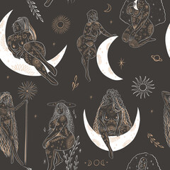 woman contour astrology, goddess of female power. zodiac signs, tarot cards, fortune-telling and pre
