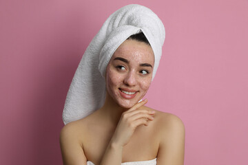 Sticker - Woman with pomegranate face mask on pink background