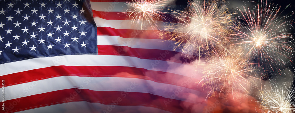 American flag and fireworks, banner design. Independence Day of USA - obrazy, fototapety, plakaty 