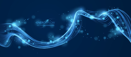 Vector abstract background with wave of flowing particles over dark, smooth curve shape lines, particle array flow. 3d shape glowing dots blended mesh, technology relaxing wallpaper.