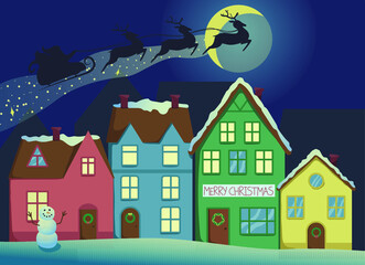  Santa on reindeer flies over houses at night