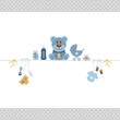 © Jan Engel - Teddy & Babysymbole Junge Retroblau Senfgelb Kanten Punkte Grau