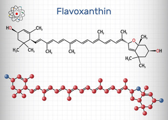 Sticker - Flavoxanthin molecule. It is xanthophyll golden-yellow color pigment, food additive, E161a. Structural chemical formula and molecule model. Sheet of paper in a cage