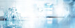 © bidala - flask and shadow of scientist with protection glasses gloves in medical science lab blue banner background