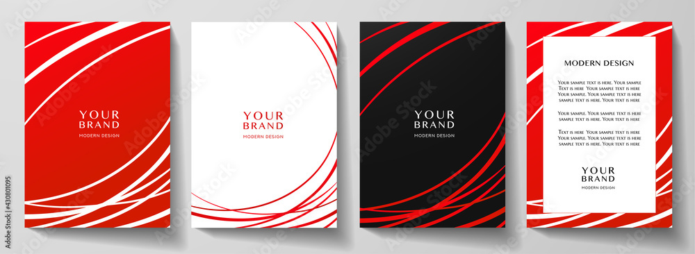 Modern red cover, frame design set. Abstract radial line pattern (curves). Creative stripe vector collection for business background page, brochure template, booklet, vertical certificate - obrazy, fototapety, plakaty 