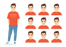 Young Man With Different Facial Expressions Set Vector Illustration Isolated