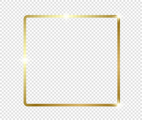 Gold shiny glowing frame with shadows isolated on transparent background. Golden luxury vintage realistic rectangle border. illustration - Vector