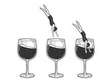 Man Dives Into A Glass Of Wine Set Sketch Engraving Vector Illustration. T-shirt Apparel Print Design. Scratch Board Imitation. Black And White Hand Drawn Image.
