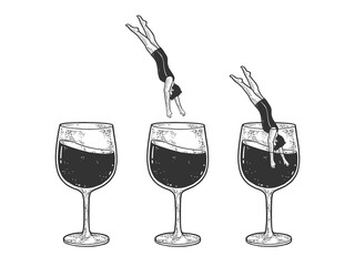 Wall Mural - man dives into a glass of wine set sketch engraving vector illustration. T-shirt apparel print design. Scratch board imitation. Black and white hand drawn image.