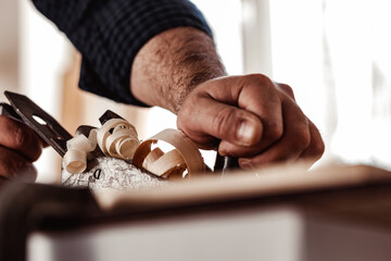 Wall Mural - Carpenter's hands planing a plank of wood with a hand plane