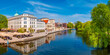Panoramic view of historical downtown in Potsdam with river Havel and cafes and restaurants at blue sky in Spring, Germany.
